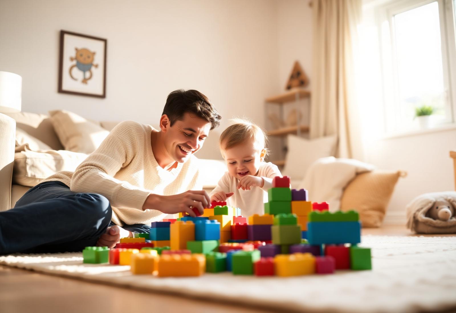 Parent and child playing together with colorful blocks